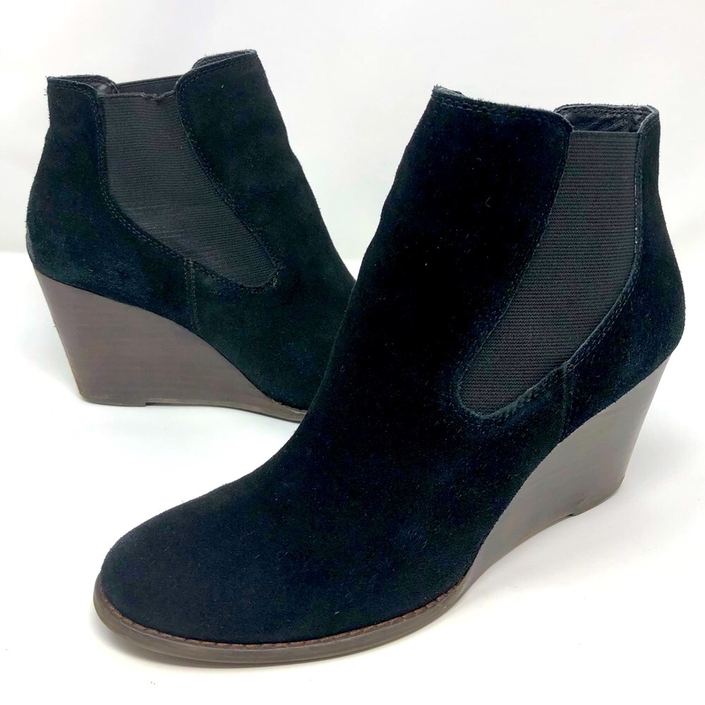 Lucky Brand Black Suede Leather Wedge Heel Slip On Ankle Boots Booties “Yamka”